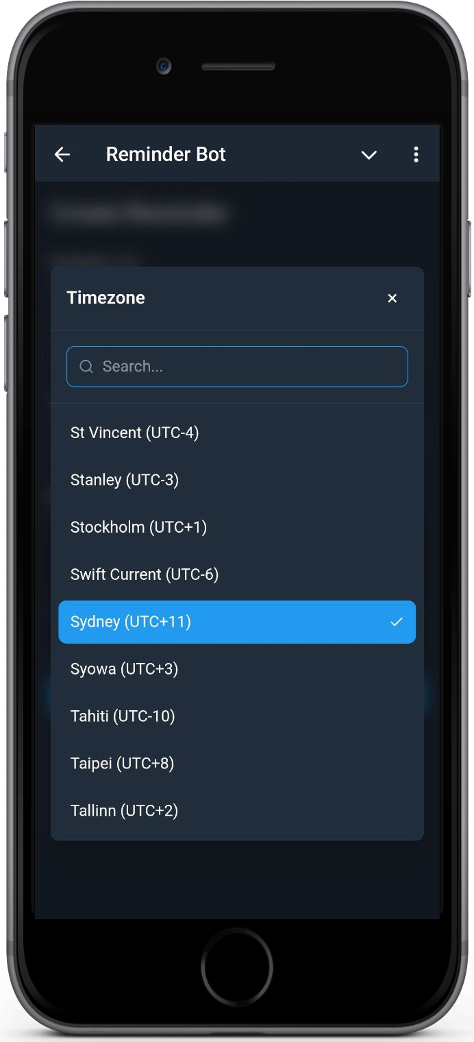 KindlyRemindly timezone selection picker